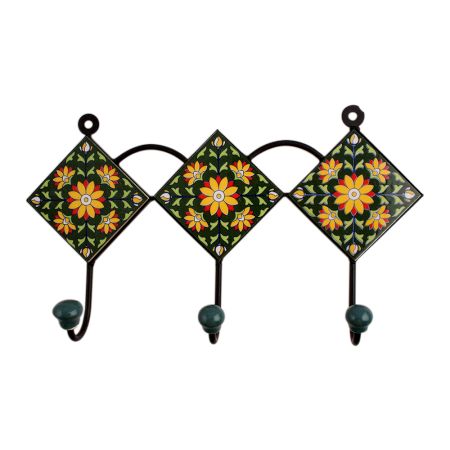 Green Floral Ceramic Tiles Hooks-467 (Set Of Ine Piece)